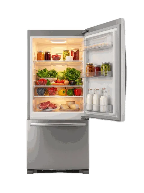 Illustration: geöffneter Kühlschrank mit Zutaten